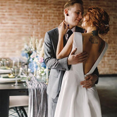 Backless Beach Satin Long Simple V-neck Wedding Dress