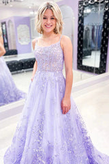 Lilac Backless Tulle Appliques Formal Prom Dress