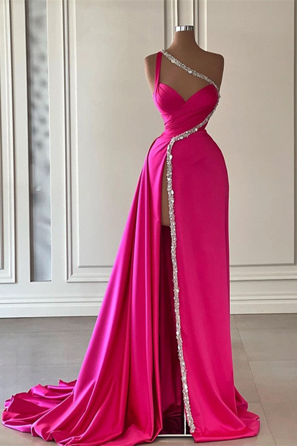 Fuchsia One Shoulder Mermaid Crystal Prom Dress With Slit