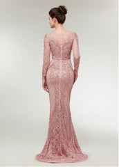 Lace Jewel Long Sleeve Pink Mermaid Evening Dress