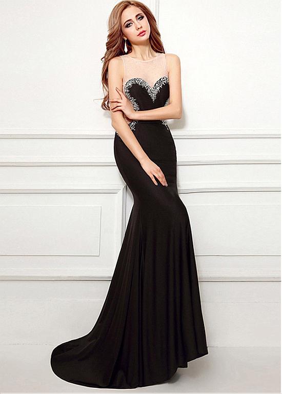 Spandex Beadings Jewel Black Mermaid Evening Dress