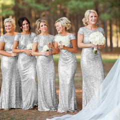 Mermaid Ruffles Back Cap Sleeves Sequin Bridesmaid Dresses