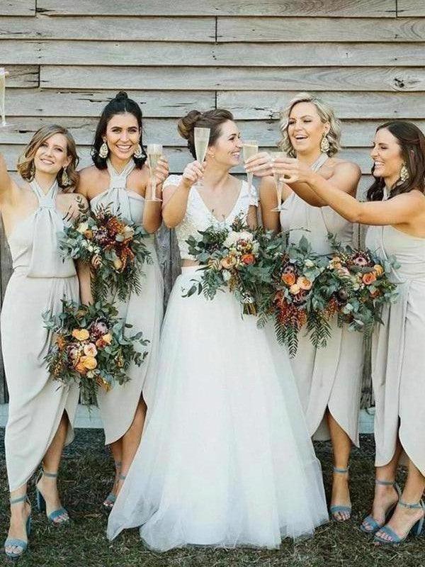 Unique Design Halter Wedding Bridesmaid Dresses, Slit Wedding Guest Dresses - RongMoon