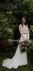 Simple Sexy Mermaid Lace Chiffon See-through Two-piece Evening Party Long Wedding Dresses, DB10694