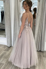 Spaghetti Straps Tulle Gray Appliques A Line  Prom Dress