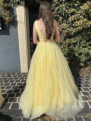 Backless Yellow Tulle Long A Line V Neck Prom Dress