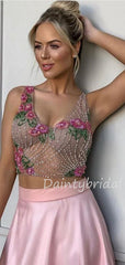 Sexy V-neck A-line Tulle Two Piece Long Prom Dresses Evening Dresses.DB10434