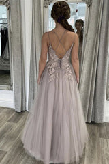Spaghetti Straps Tulle Gray Appliques A Line  Prom Dress