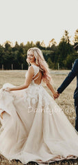 New Arrival V-neck Lace Tulle Sleeveless A-line Long Wedding Dresses.DB10474