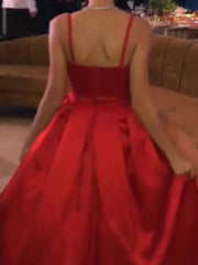 Satin Red A Line Sexy Spaghetti Straps Prom Dress With Slit
