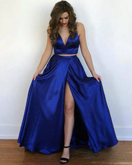 Two Piece Prom Dresses Long Satin Split Party Gowns