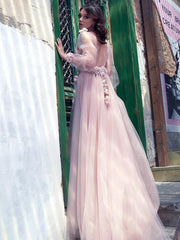 Pink Long A-Line Deep V-Neck Flower Prom Dress
