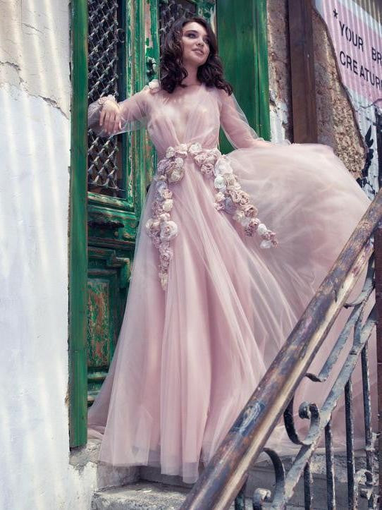 Pink Long A-Line Deep V-Neck Flower Prom Dress