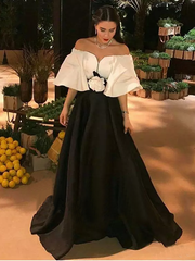 Off-the-Shoulder Half Sleeve White & Black Prom Dress