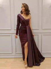 Long Sleeves Purple Sheath One Shoulder Pom Dress