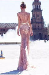 Sheath Scoop Neck Sleeveless Pink Prom Dress