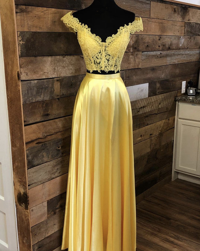 Off The Shoulder Lace Crop Long Prom Dresses Two Piece