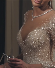 Bling Bling Sequins Beaded Tulle Ball Gowns Long Sleeves Wedding Dress