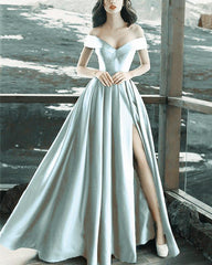 Sexy V-neck Off Shoulder Satin Long Prom Dresses 2019