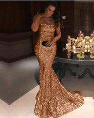 Long Strapless Bodice Corset Sequins Mermaid Bridesmaid Dresses