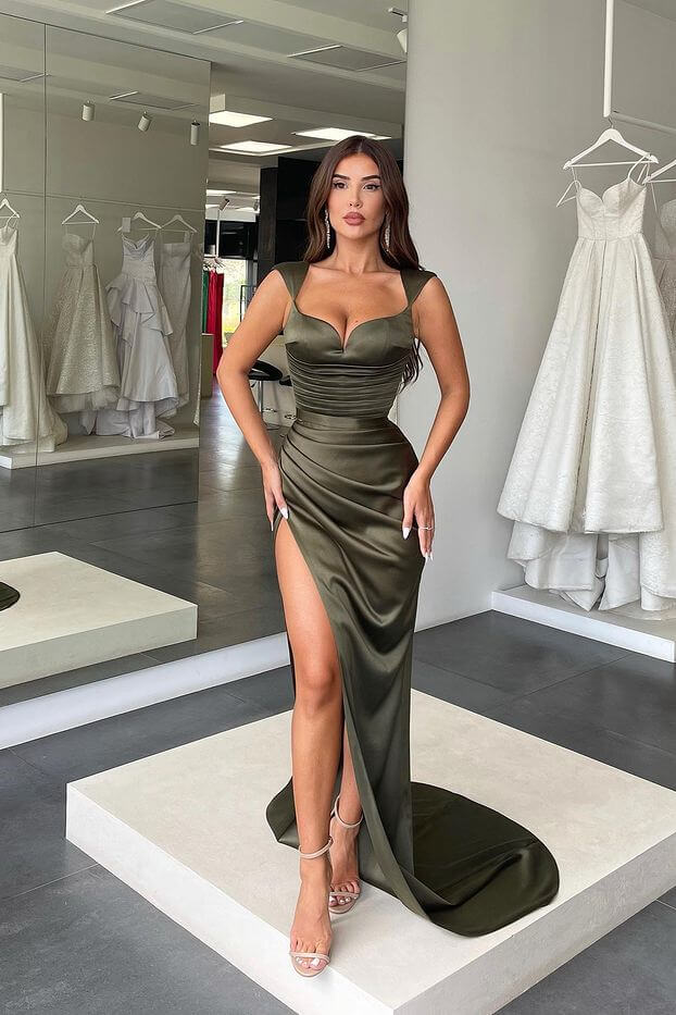 Green Mermaid Satin Pleats Prom Dress With Slit