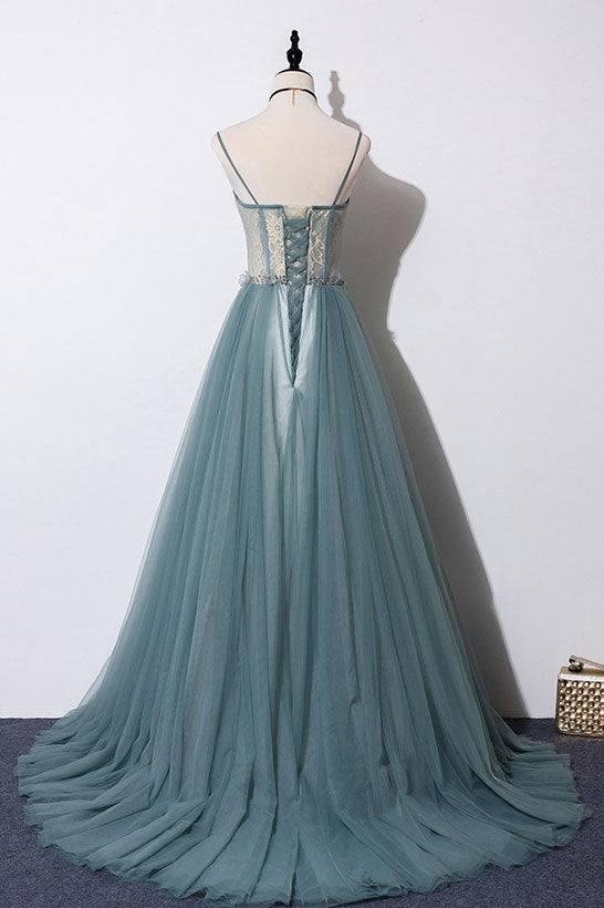 Green sweetheart tulle lace long prom dress green formal dress - RongMoon
