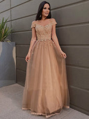 Champagne Beading Off The Shoulder Flower Tulle Prom Dress