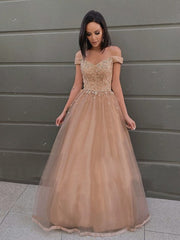 Champagne Beading Off The Shoulder Flower Tulle Prom Dress