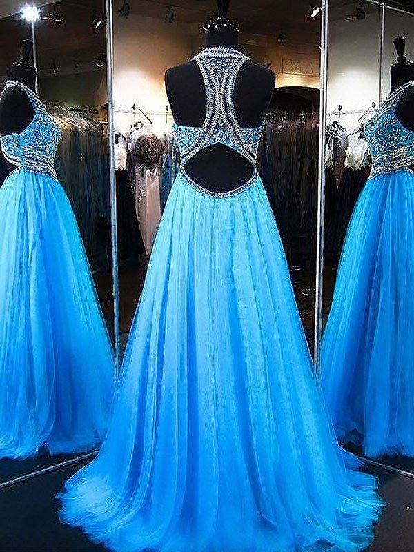 A-Line/Princess Jewel Sleeveless Sweep/Brush Train Beading Tulle Dresses - RongMoon