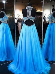 A-Line/Princess Jewel Sleeveless Sweep/Brush Train Beading Tulle Dresses - RongMoon