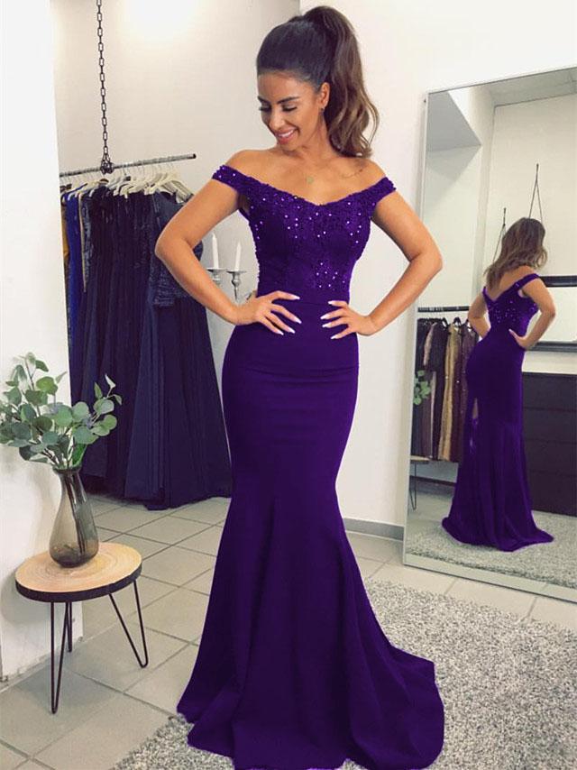 Purple Lace Beaded Mermaid Bridesmaid Dresses V-neck Off The Shoulder