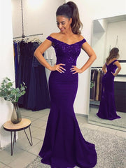 Purple Lace Beaded Mermaid Bridesmaid Dresses V-neck Off The Shoulder
