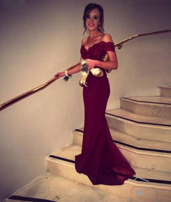 Custom Made Sweetheart Neck off shoulder Mermaid Burgundy Prom Dress, Bridesmaid Dress - RongMoon