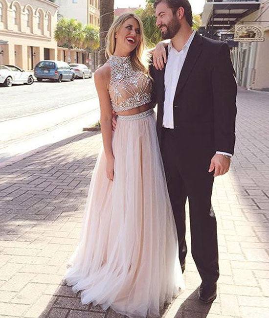 Unique tulle champagne long prom dress, formal dress - RongMoon