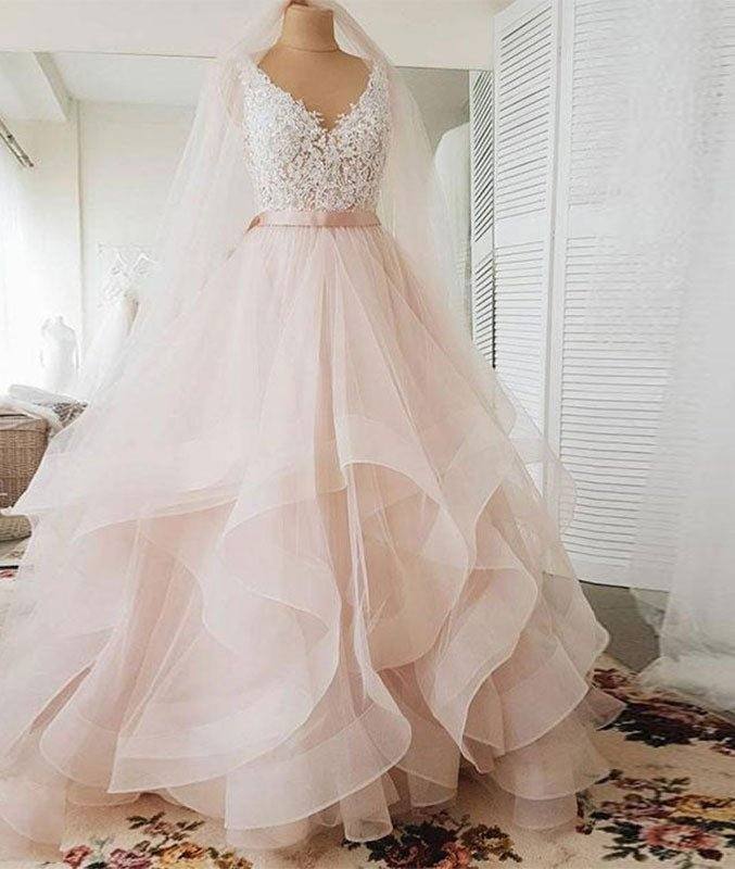 Unique v neck tulle lace long prom dress, tulle wedding dress - RongMoon