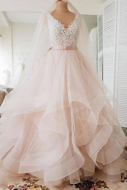 Unique v neck tulle lace long prom dress, tulle wedding dress - RongMoon