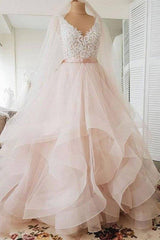 Unique v neck tulle lace long prom dress, tulle wedding dress - RongMoon