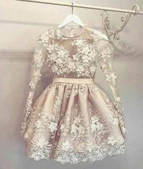 Unique round neck champagne lace short prom dress, homecoming dress - RongMoon