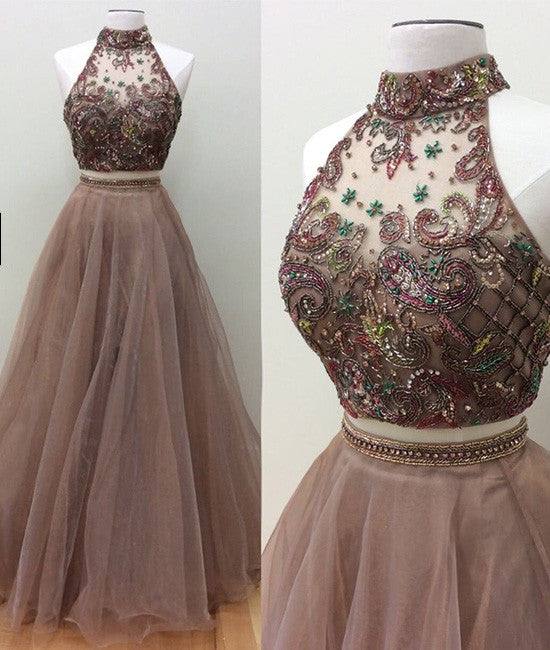 Champagne two pieces beads long prom dress, evening dress - RongMoon