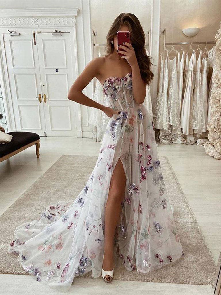 A line sweetheart neck tulle sequin long prom dress, tulle evening dress - RongMoon