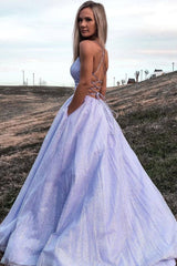 Purple v neck tulle long prom dress, light purple evening dress - RongMoon