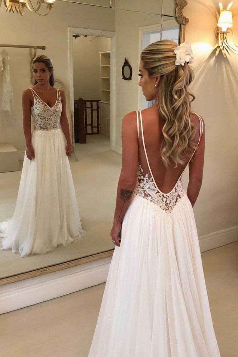 White v neck chiffon lace long prom dress chiffon evening dress - RongMoon