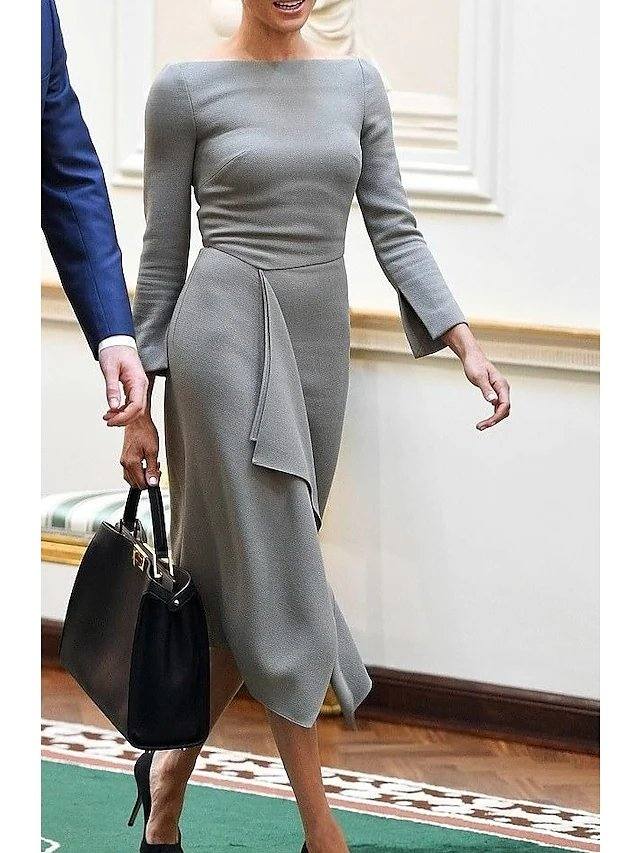 Sheath / Column Mother of the Bride Dress Elegant Vintage Off Shoulder Tea Length Stretch Satin Long Sleeve with Side Draping Split Front - RongMoon