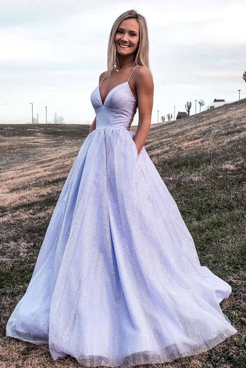 Purple v neck tulle long prom dress, light purple evening dress - RongMoon