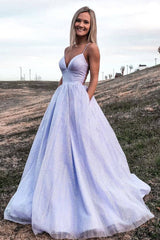 Purple v neck tulle long prom dress, light purple evening dress - RongMoon