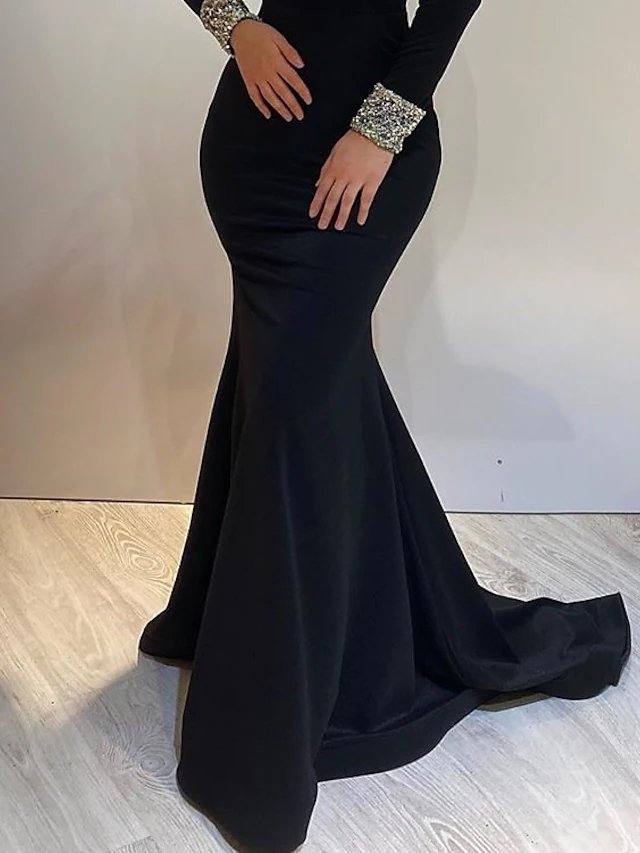 Mermaid / Trumpet Elegant Engagement Formal Evening Dress High Neck Long Sleeve Sweep / Brush Train Satin with Sequin - RongMoon