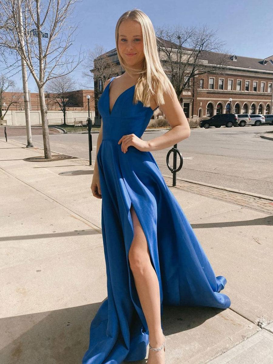 Simple blue v neck long prom dress, blue satin long evening dress - RongMoon