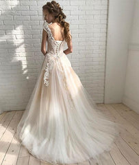 Champagne Tulle Illusion Neck Lace Up Back Wedding Dress