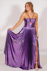 Gold Spaghetti Strap Pleats Long Prom Dress with Slit