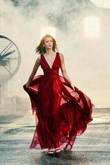 Burgundy v neck tulle long prom dress burgundy formal dress - RongMoon